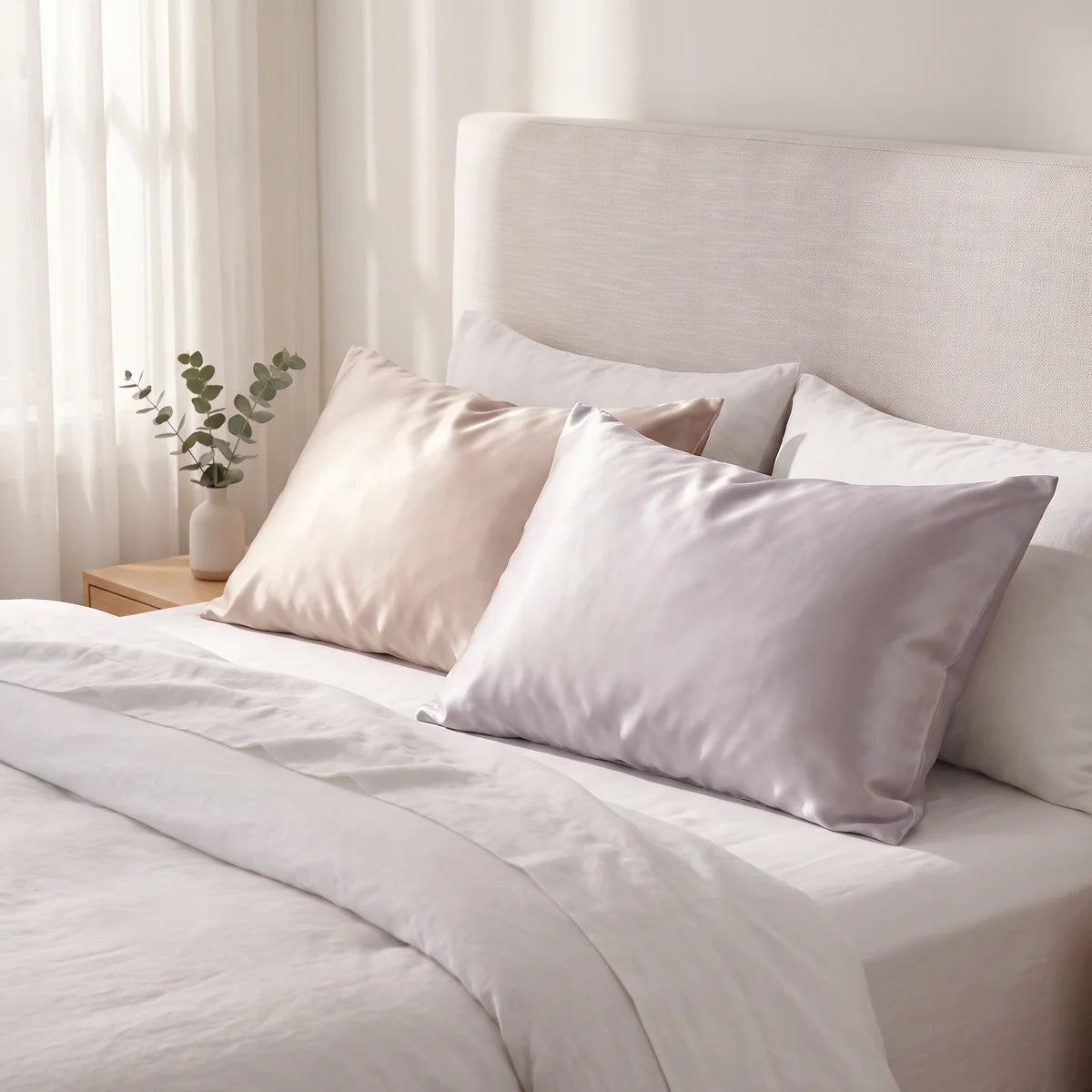 Two silk pillowcases on a made bed in morning light